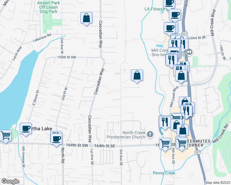 map of restaurants, bars, coffee shops, grocery stores, and more near 15814 3rd Avenue Southeast in Bothell