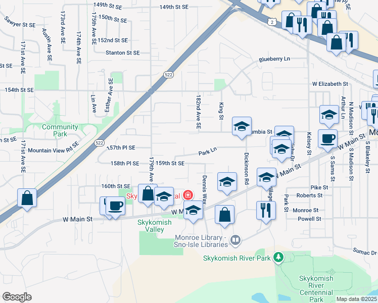 map of restaurants, bars, coffee shops, grocery stores, and more near 707 Park Lane in Monroe