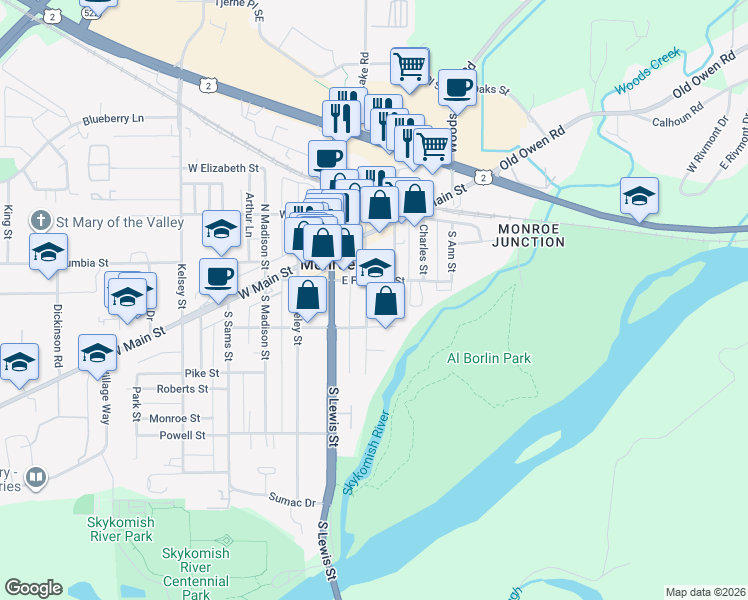 map of restaurants, bars, coffee shops, grocery stores, and more near 217 South Ferry Avenue in Monroe