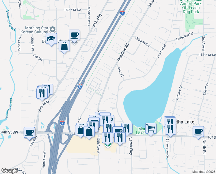map of restaurants, bars, coffee shops, grocery stores, and more near 15809 Meadow Road in Lynnwood