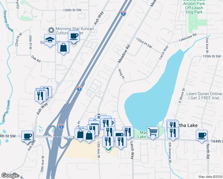 map of restaurants, bars, coffee shops, grocery stores, and more near 15809 Meadow Road in Lynnwood