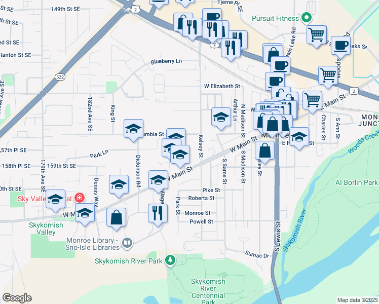 map of restaurants, bars, coffee shops, grocery stores, and more near 137 Kirby Drive in Monroe