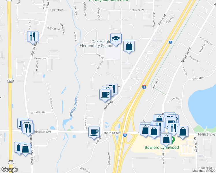 map of restaurants, bars, coffee shops, grocery stores, and more near 15913 20th Place West in Lynnwood