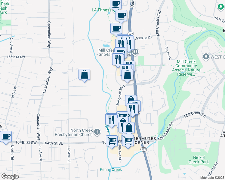 map of restaurants, bars, coffee shops, grocery stores, and more near 15768 Main St in Mill Creek
