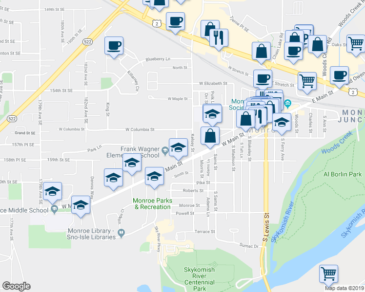 map of restaurants, bars, coffee shops, grocery stores, and more near 137 Kirby Drive in Monroe