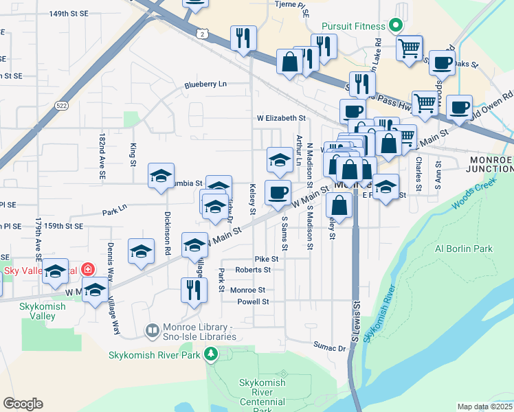 map of restaurants, bars, coffee shops, grocery stores, and more near 115 North Kelsey Street in Monroe