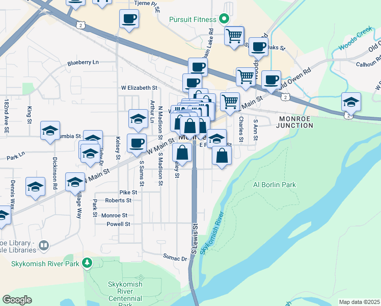 map of restaurants, bars, coffee shops, grocery stores, and more near 212 South Lewis Street in Monroe