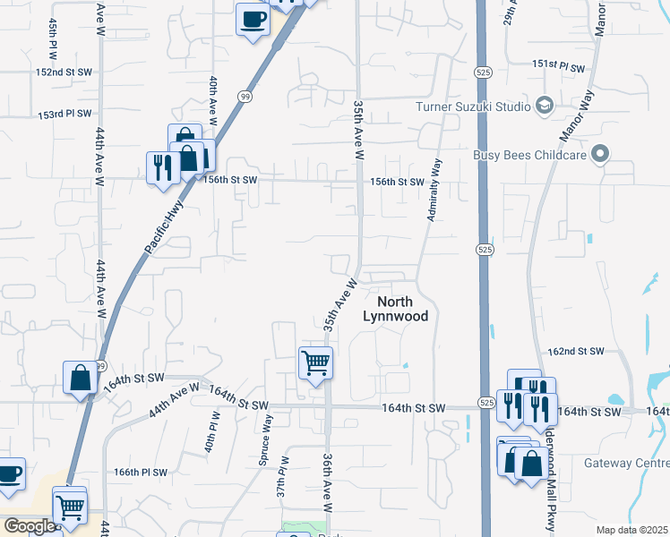 map of restaurants, bars, coffee shops, grocery stores, and more near 3521 159th Place Southwest in Lynnwood
