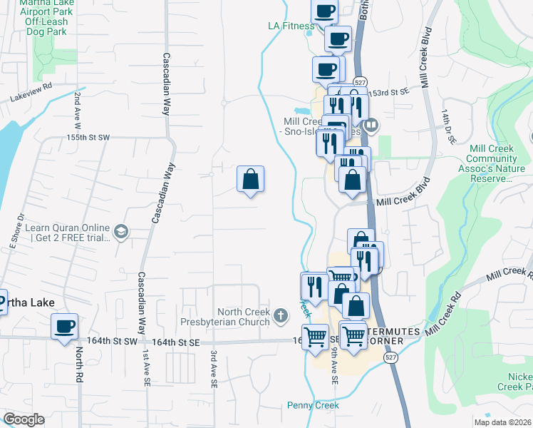 map of restaurants, bars, coffee shops, grocery stores, and more near 504 158th Street Southeast in Bothell