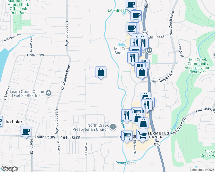 map of restaurants, bars, coffee shops, grocery stores, and more near 504 158th Street Southeast in Bothell