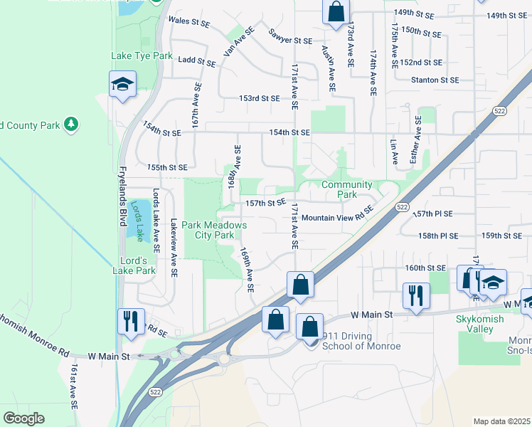 map of restaurants, bars, coffee shops, grocery stores, and more near 16973 Ashleigh Place Southeast in Monroe