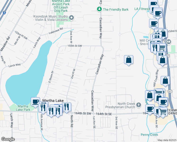 map of restaurants, bars, coffee shops, grocery stores, and more near 15809 Meridian Avenue South in Bothell