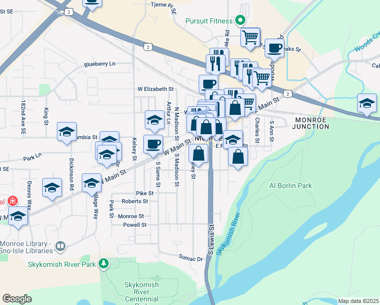map of restaurants, bars, coffee shops, grocery stores, and more near 214 South Blakeley Street in Monroe