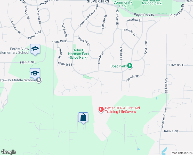 map of restaurants, bars, coffee shops, grocery stores, and more near 6417 158th Street Southeast in Snohomish