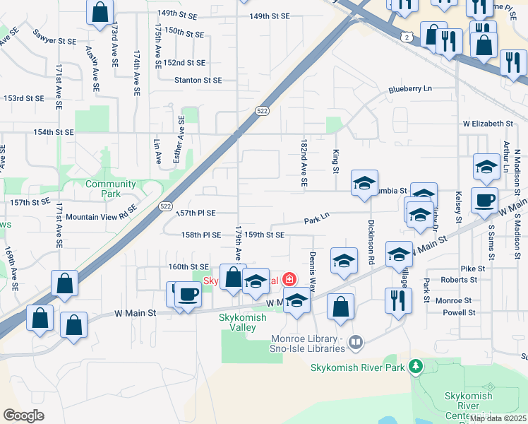 map of restaurants, bars, coffee shops, grocery stores, and more near 18002 157th Place Southeast in Monroe
