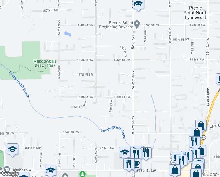 map of restaurants, bars, coffee shops, grocery stores, and more near 5419 160th Street Southwest in Edmonds