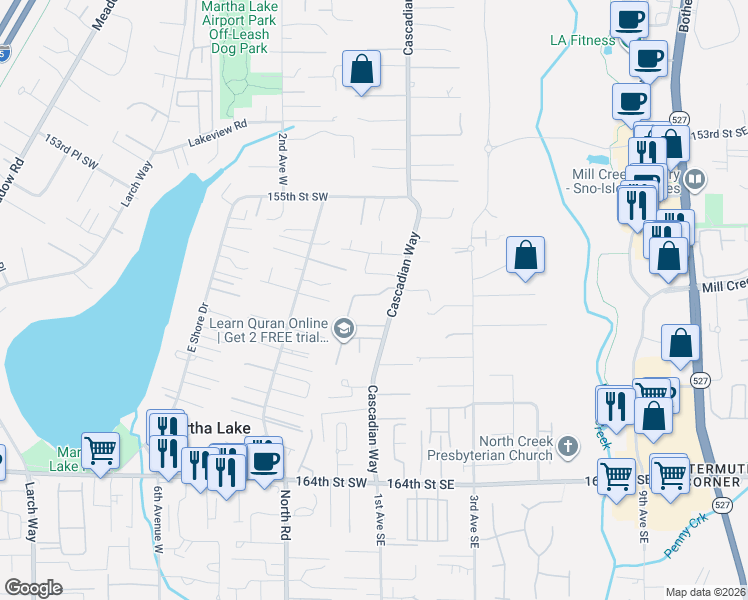 map of restaurants, bars, coffee shops, grocery stores, and more near 32 157th Lane Southeast in Bothell