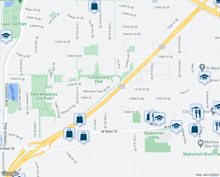 map of restaurants, bars, coffee shops, grocery stores, and more near 17426 Mountain View Road Southeast in Monroe