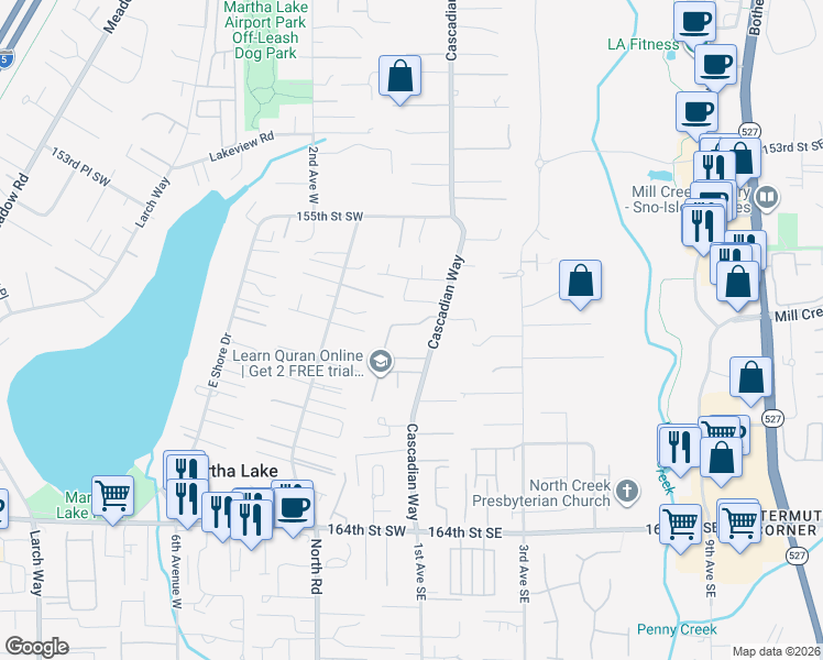 map of restaurants, bars, coffee shops, grocery stores, and more near 32 157th Lane Southeast in Bothell