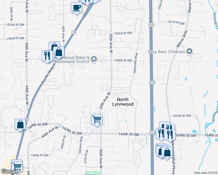 map of restaurants, bars, coffee shops, grocery stores, and more near 15833 35th Place West in Lynnwood