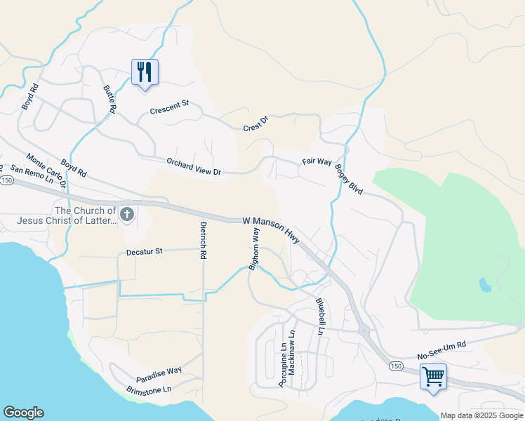 map of restaurants, bars, coffee shops, grocery stores, and more near 142 Washington 150 in Chelan