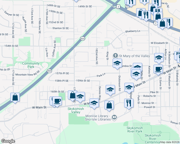 map of restaurants, bars, coffee shops, grocery stores, and more near 707 Park Lane in Monroe