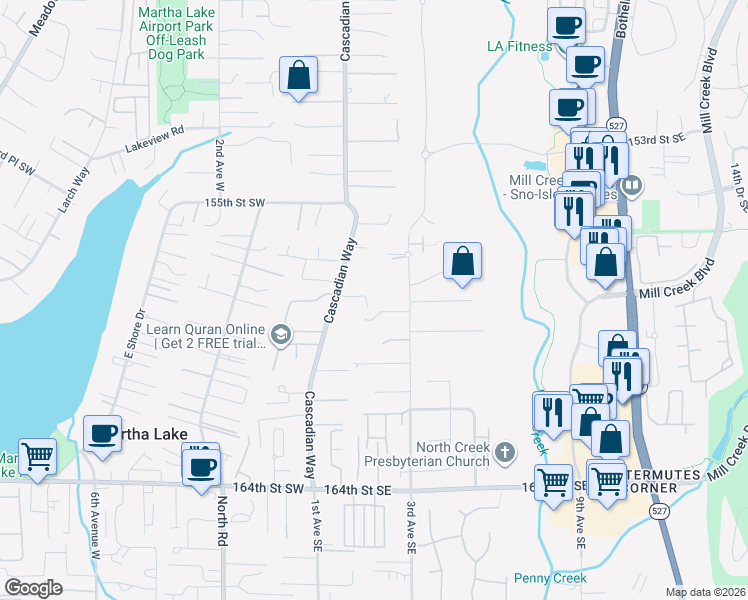map of restaurants, bars, coffee shops, grocery stores, and more near 15814 3rd Avenue Southeast in Bothell