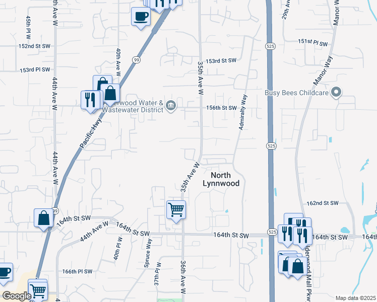 map of restaurants, bars, coffee shops, grocery stores, and more near 3521 159th Place Southwest in Lynnwood