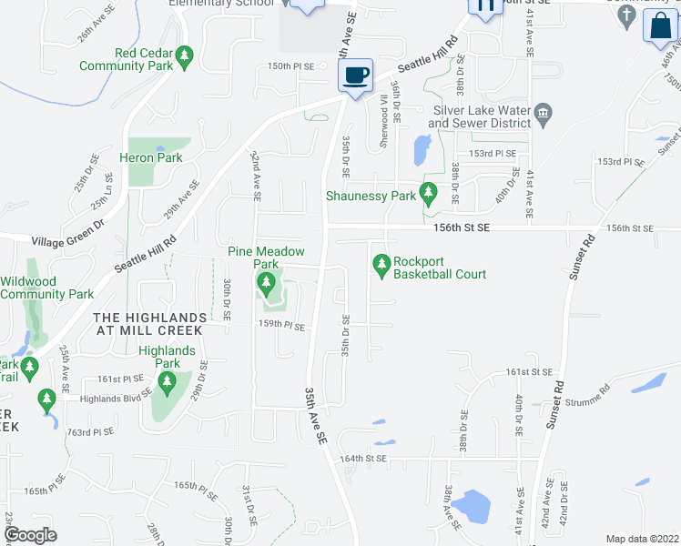 map of restaurants, bars, coffee shops, grocery stores, and more near 3518 157th Place Southeast in Mill Creek