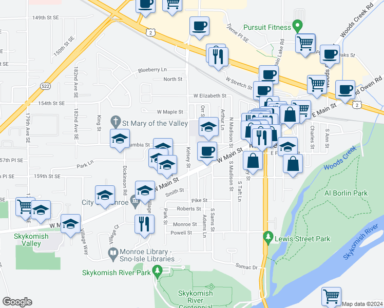 map of restaurants, bars, coffee shops, grocery stores, and more near 127 North Kelsey Street in Monroe