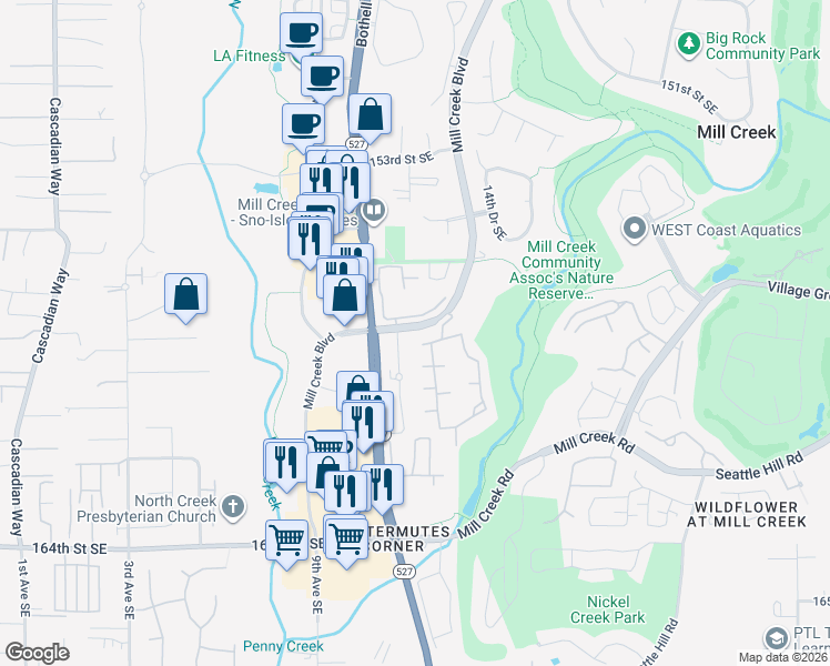 map of restaurants, bars, coffee shops, grocery stores, and more near in Mill Creek