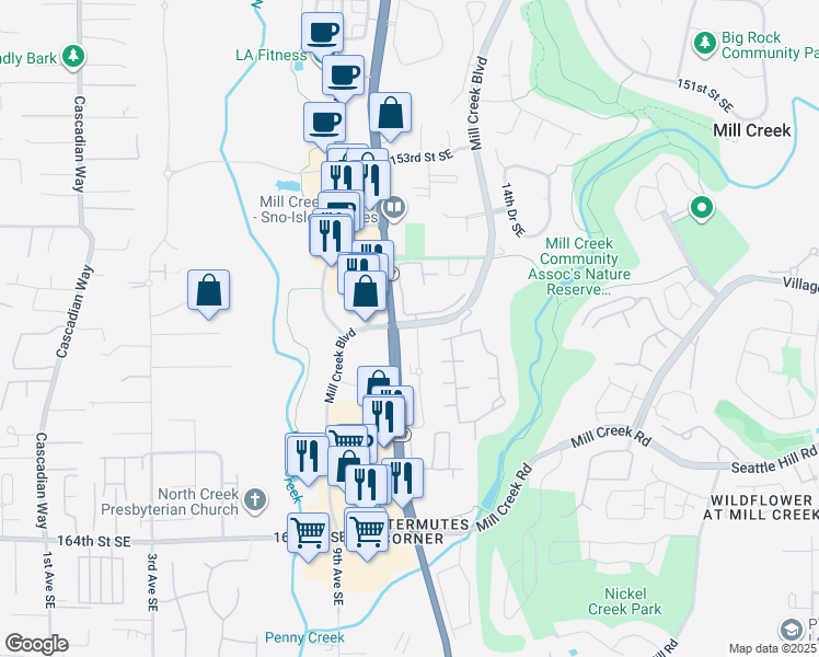 map of restaurants, bars, coffee shops, grocery stores, and more near in Mill Creek