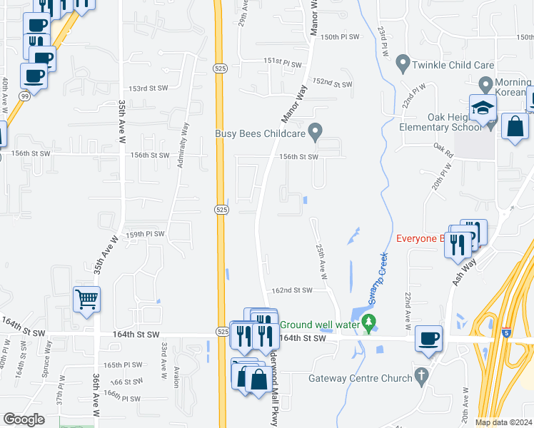 map of restaurants, bars, coffee shops, grocery stores, and more near 15909 Manor Way in Lynnwood