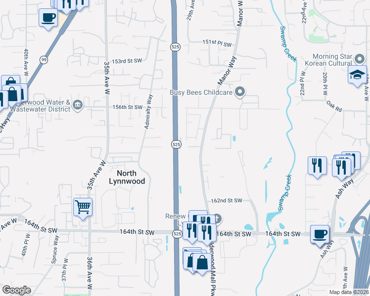 map of restaurants, bars, coffee shops, grocery stores, and more near 2926 158th Place Southwest in Lynnwood