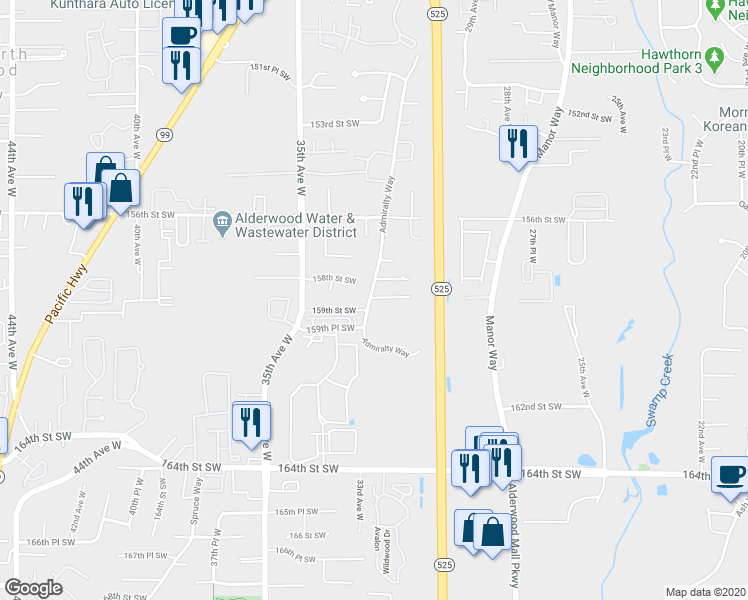 map of restaurants, bars, coffee shops, grocery stores, and more near 1591 Admiralty Way in Lynnwood