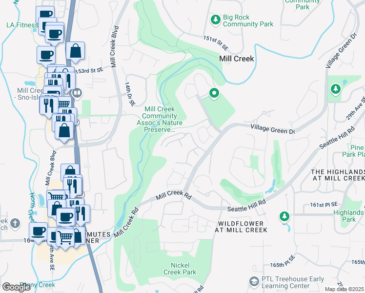 map of restaurants, bars, coffee shops, grocery stores, and more near 52 Village Green Drive in Mill Creek