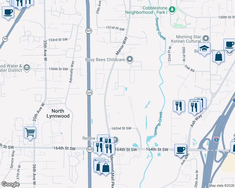 map of restaurants, bars, coffee shops, grocery stores, and more near 15909 Manor Way in Lynnwood