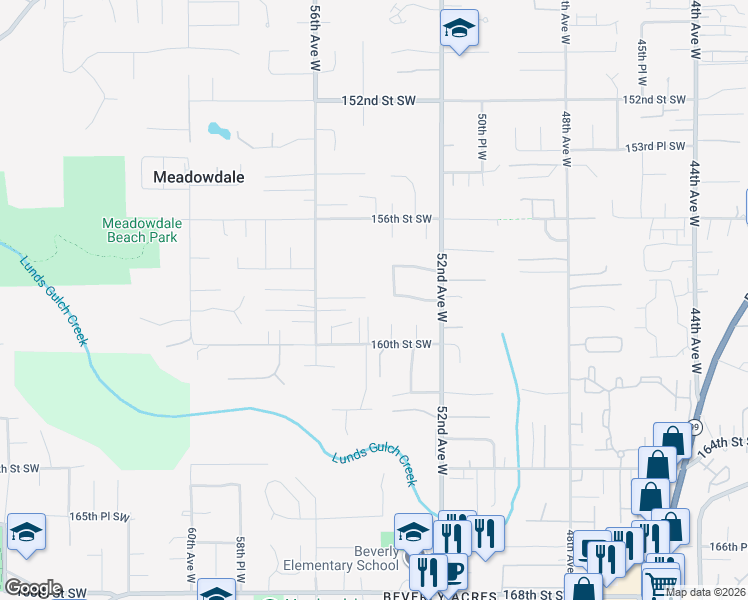map of restaurants, bars, coffee shops, grocery stores, and more near 5419 160th Street Southwest in Edmonds