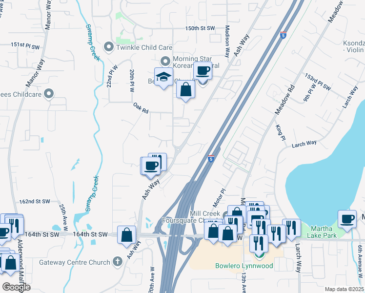 map of restaurants, bars, coffee shops, grocery stores, and more near 15907 Ash Way in Lynnwood