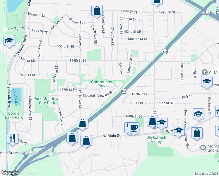 map of restaurants, bars, coffee shops, grocery stores, and more near 17426 Mountain View Road Southeast in Monroe