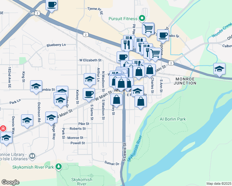 map of restaurants, bars, coffee shops, grocery stores, and more near 214 South Blakeley Street in Monroe