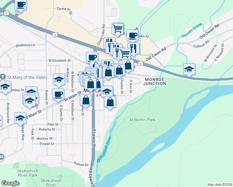 map of restaurants, bars, coffee shops, grocery stores, and more near 217 South Ferry Avenue in Monroe