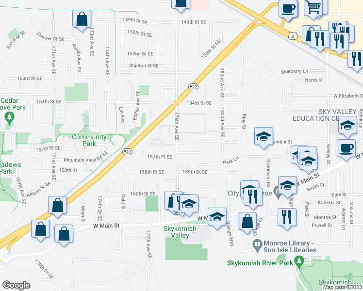 map of restaurants, bars, coffee shops, grocery stores, and more near 15693 179th Avenue Southeast in Monroe