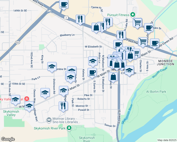 map of restaurants, bars, coffee shops, grocery stores, and more near 115 North Kelsey Street in Monroe