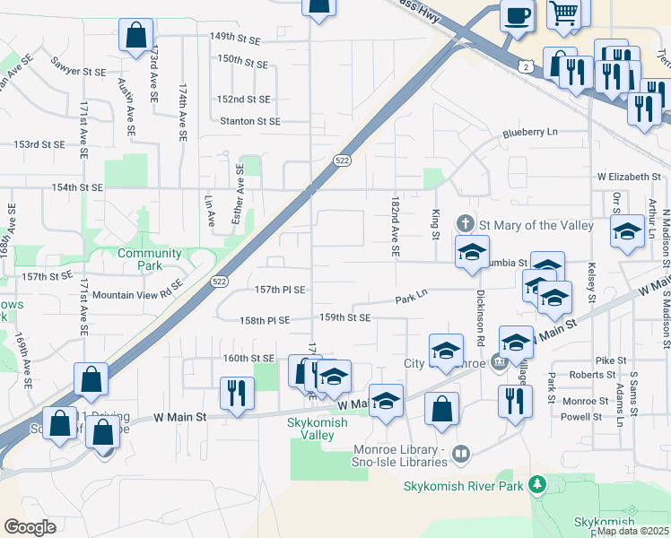 map of restaurants, bars, coffee shops, grocery stores, and more near 18002 157th Place Southeast in Monroe