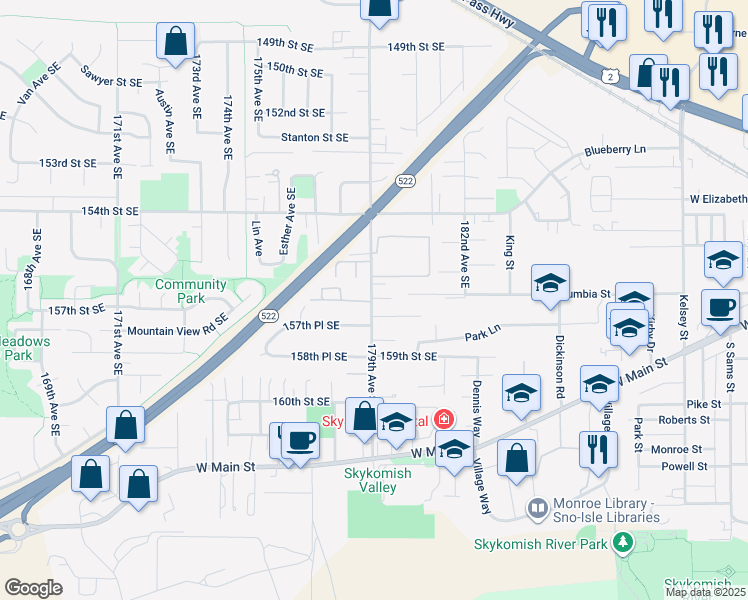 map of restaurants, bars, coffee shops, grocery stores, and more near 15701 179th Avenue Southeast in Monroe