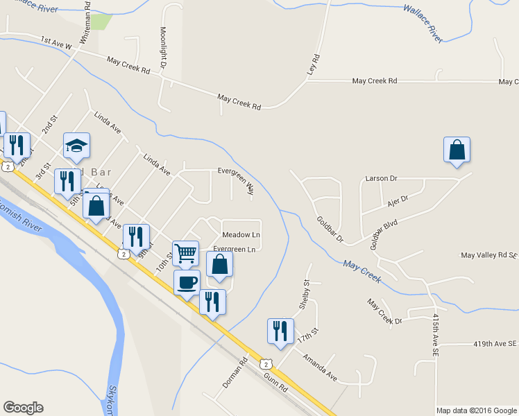 map of restaurants, bars, coffee shops, grocery stores, and more near 432 Evergreen Way in Gold Bar