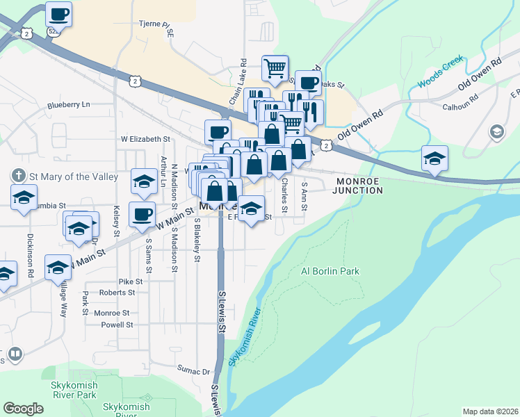 map of restaurants, bars, coffee shops, grocery stores, and more near 140 Woods Street in Monroe