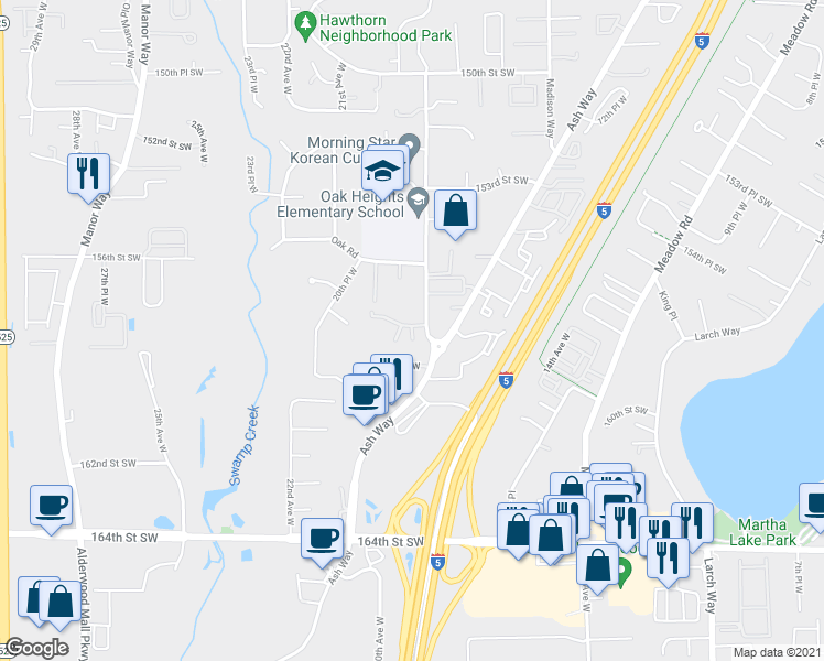 map of restaurants, bars, coffee shops, grocery stores, and more near 15628 18th Avenue West in Lynnwood