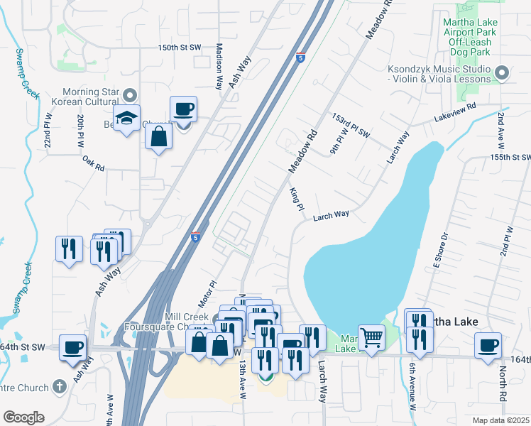 map of restaurants, bars, coffee shops, grocery stores, and more near 15706 Meadow Road in Lynnwood